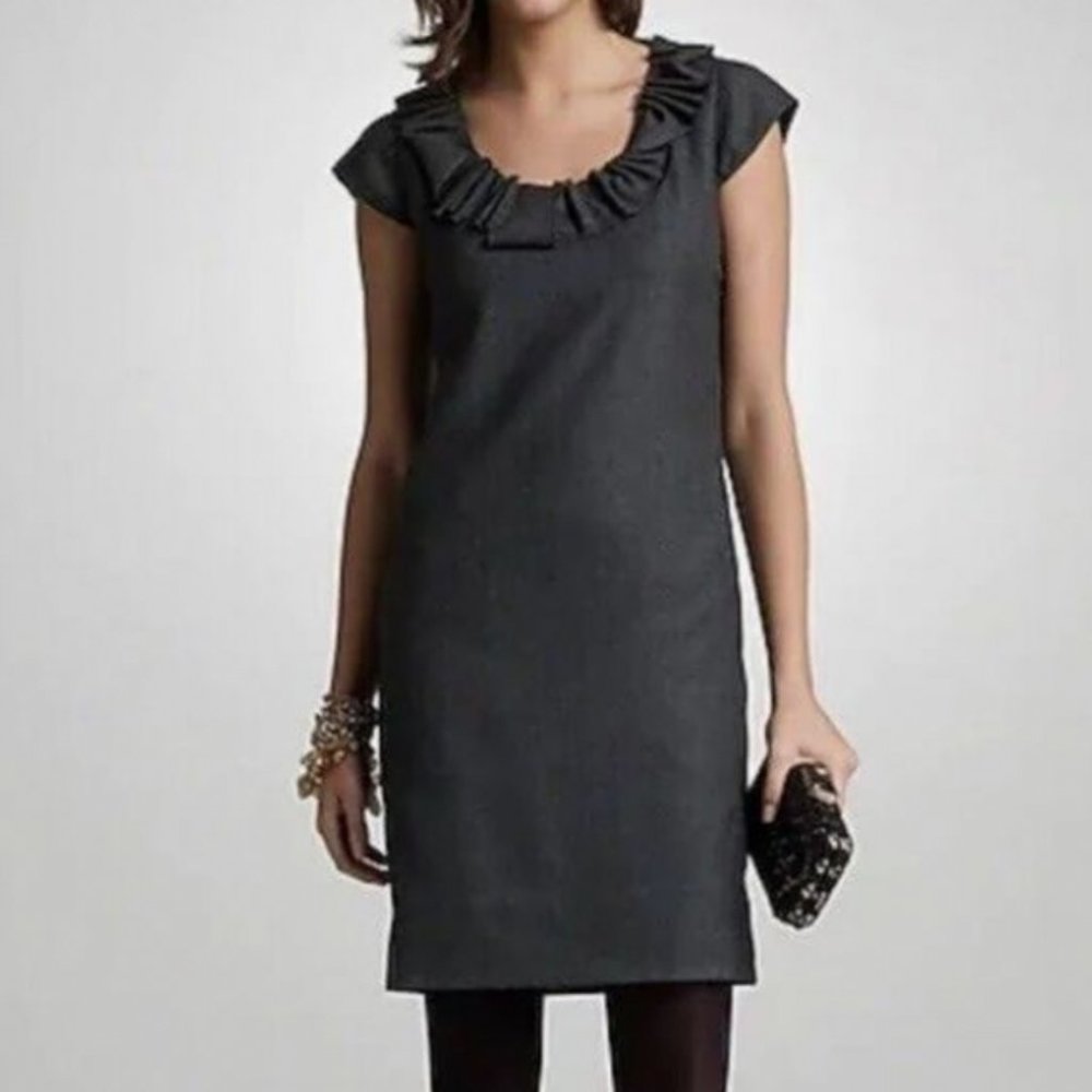 J.Crew ruffle neck black wool shift dress
